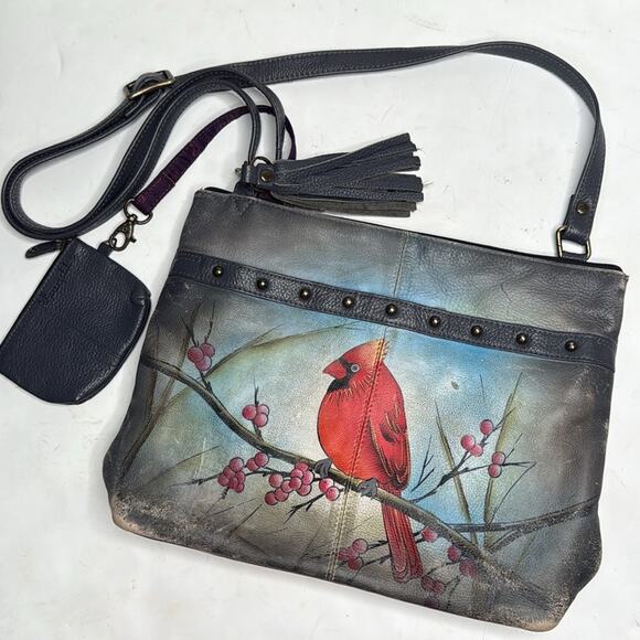 ANUSCHKA Medium Crossbody Cardinal Bird Double Zip Pocket Painted Signed Artwork - Picture 2 of 9